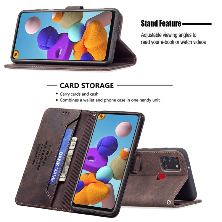 For Samsung Galaxy A21s Magnetic Clasp RFID Blocking Anti-Theft Leather Case with Holder & Card Slots & Wallet