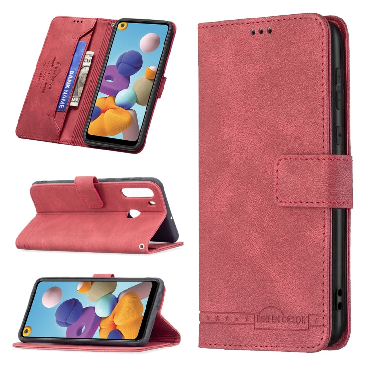 For Samsung Galaxy A21 Magnetic Clasp RFID Blocking Anti-Theft Leather Case with Holder & Card Slots & Wallet