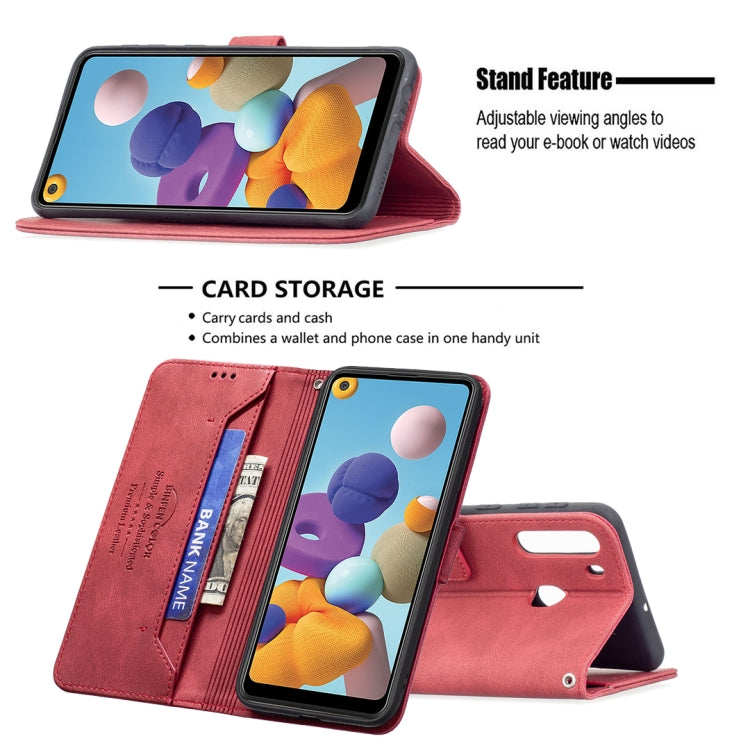 For Samsung Galaxy A21 Magnetic Clasp RFID Blocking Anti-Theft Leather Case with Holder & Card Slots & Wallet