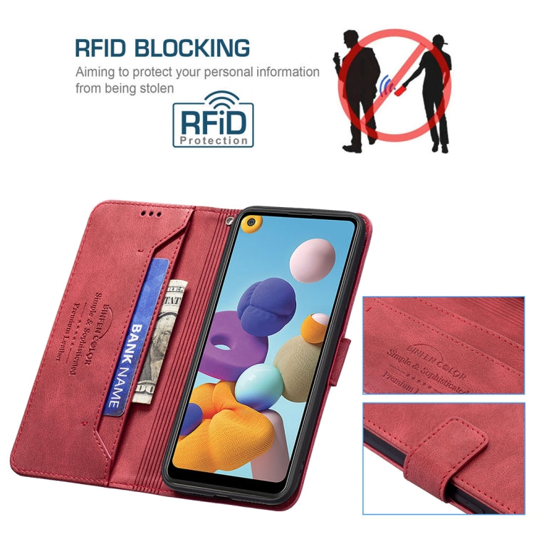 For Samsung Galaxy A21 Magnetic Clasp RFID Blocking Anti-Theft Leather Case with Holder & Card Slots & Wallet