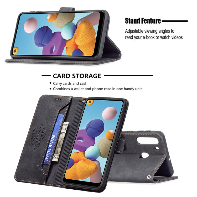 For Samsung Galaxy A21 Magnetic Clasp RFID Blocking Anti-Theft Leather Case with Holder & Card Slots & Wallet