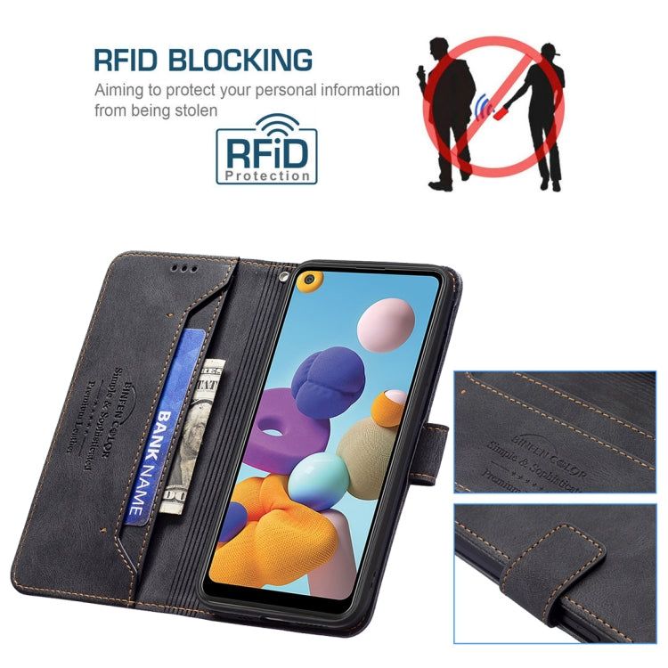 For Samsung Galaxy A21 Magnetic Clasp RFID Blocking Anti-Theft Leather Case with Holder & Card Slots & Wallet