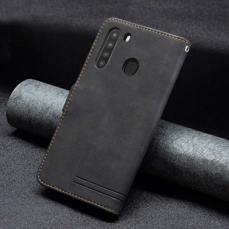 For Samsung Galaxy A21 Magnetic Clasp RFID Blocking Anti-Theft Leather Case with Holder & Card Slots & Wallet