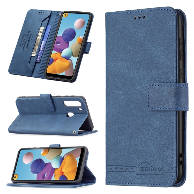 For Samsung Galaxy A21 Magnetic Clasp RFID Blocking Anti-Theft Leather Case with Holder & Card Slots & Wallet