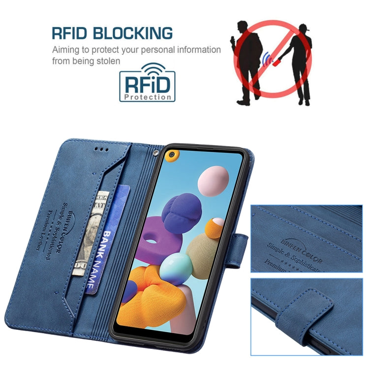 For Samsung Galaxy A21 Magnetic Clasp RFID Blocking Anti-Theft Leather Case with Holder & Card Slots & Wallet