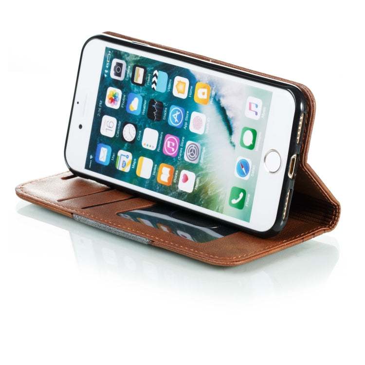 For iPhone SE 2022 / SE 2020 / 8 / 7 Splicing Color Magnetic Hem Horizontal Flip Leather Case with Holder & Card Slots