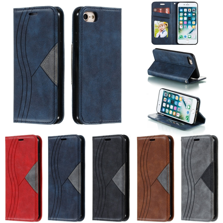For iPhone SE 2022 / SE 2020 / 8 / 7 Splicing Color Magnetic Hem Horizontal Flip Leather Case with Holder & Card Slots