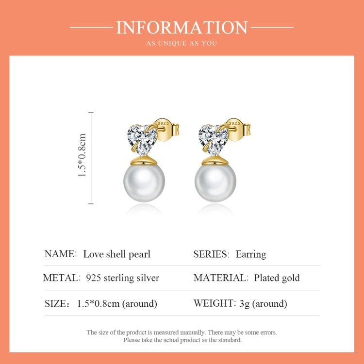 S925 Sterling Silver Heart Shell Beads Ear Studs Women Earrings