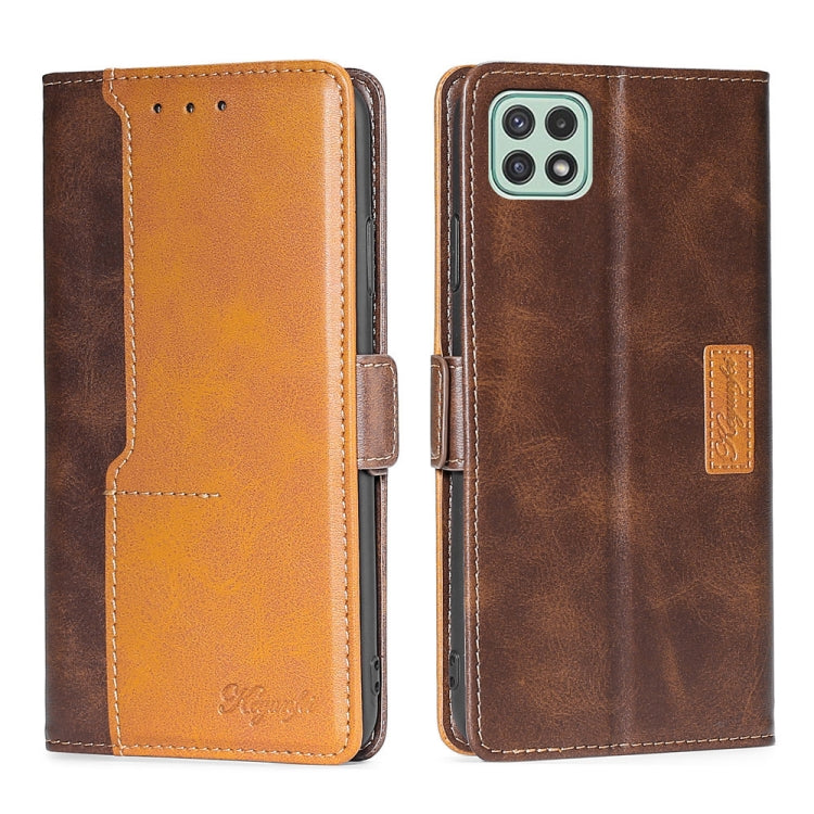 For Samsung Galaxy A22 5G Retro Texture Contrast Color Buckle Horizontal Flip Leather Case with Holder