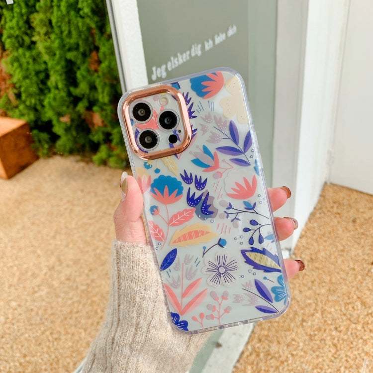 For iPhone 13 Precision Hole Dual-side Laminating IMD Plating Flowers Pattern TPU Phone Case