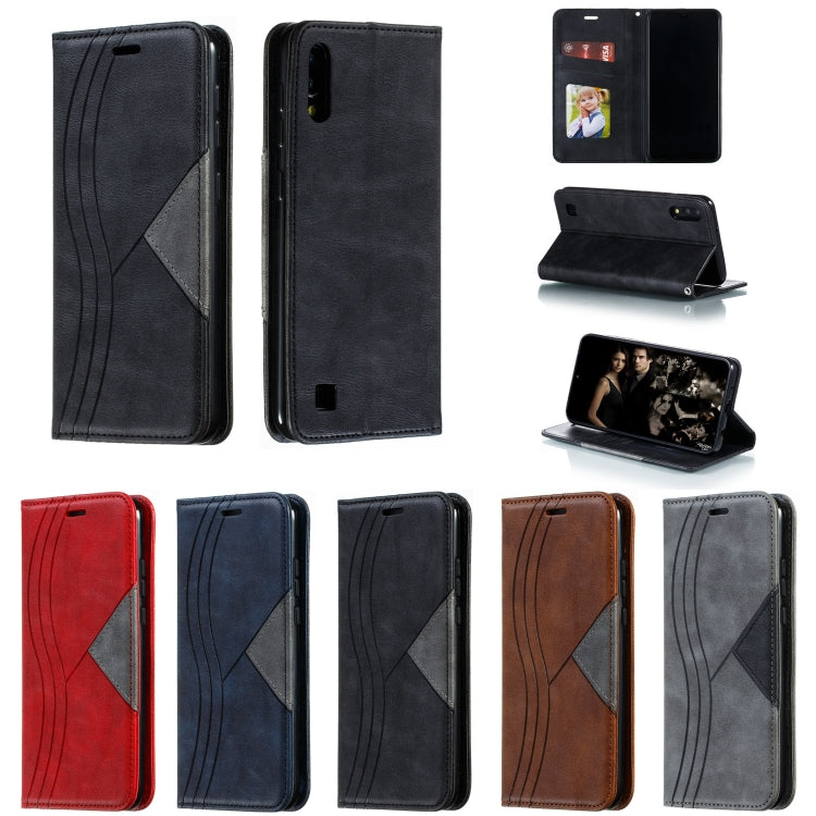 For Galaxy A10 Splicing Color Magnetic Hem Horizontal Flip Leather Case with Holder & Card Slots