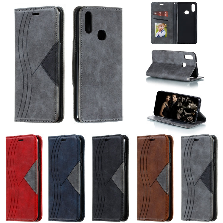 For Galaxy A10s Splicing Color Magnetic Hem Horizontal Flip Leather Case with Holder & Card Slots