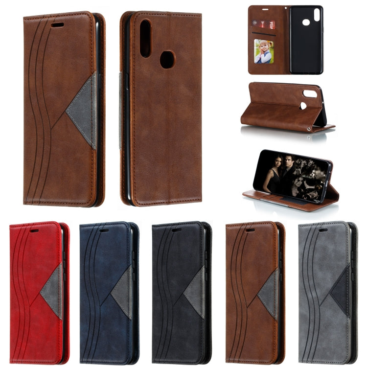 For Galaxy A10s Splicing Color Magnetic Hem Horizontal Flip Leather Case with Holder & Card Slots