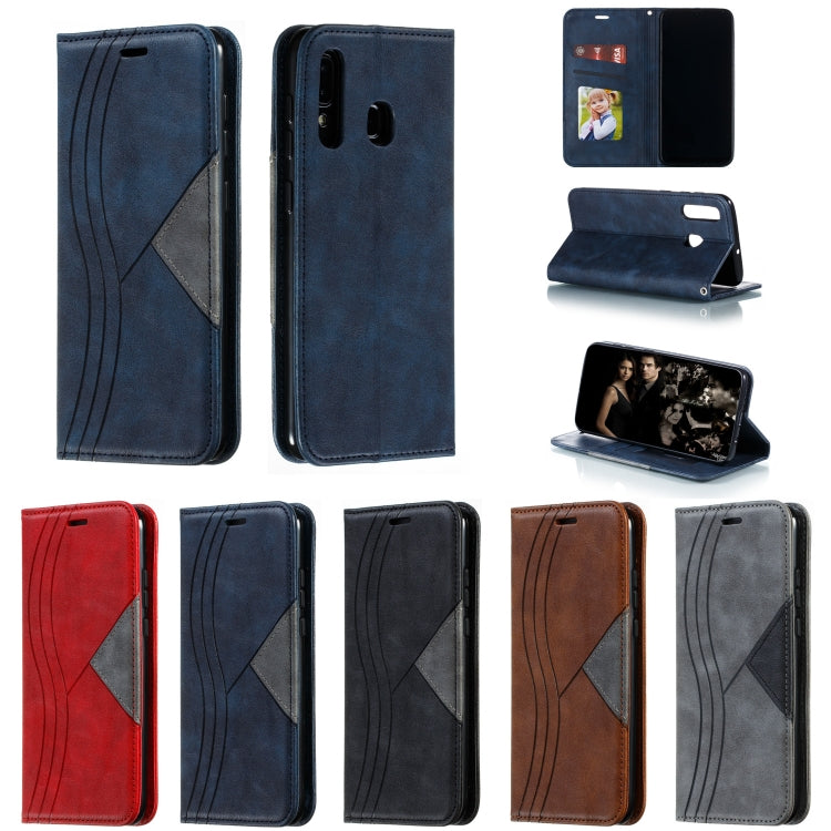 For Galaxy A20 / A30 Splicing Color Magnetic Hem Horizontal Flip Leather Case with Holder & Card Slots