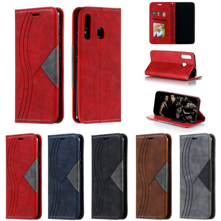 For Galaxy A20 / A30 Splicing Color Magnetic Hem Horizontal Flip Leather Case with Holder & Card Slots
