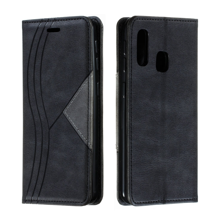 For Galaxy A20e Splicing Color Magnetic Hem Horizontal Flip Leather Case with Holder & Card Slots
