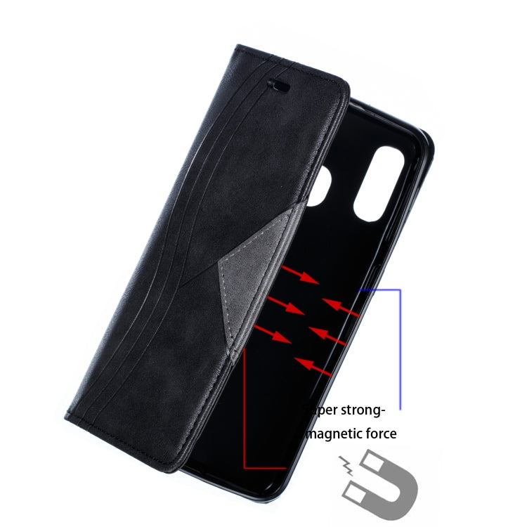 For Galaxy A20e Splicing Color Magnetic Hem Horizontal Flip Leather Case with Holder & Card Slots