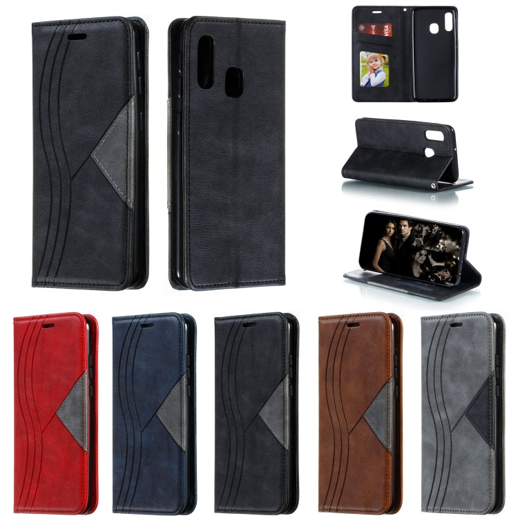 For Galaxy A20e Splicing Color Magnetic Hem Horizontal Flip Leather Case with Holder & Card Slots