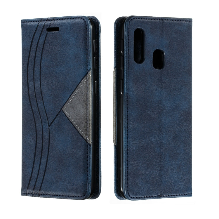 For Galaxy A20e Splicing Color Magnetic Hem Horizontal Flip Leather Case with Holder & Card Slots