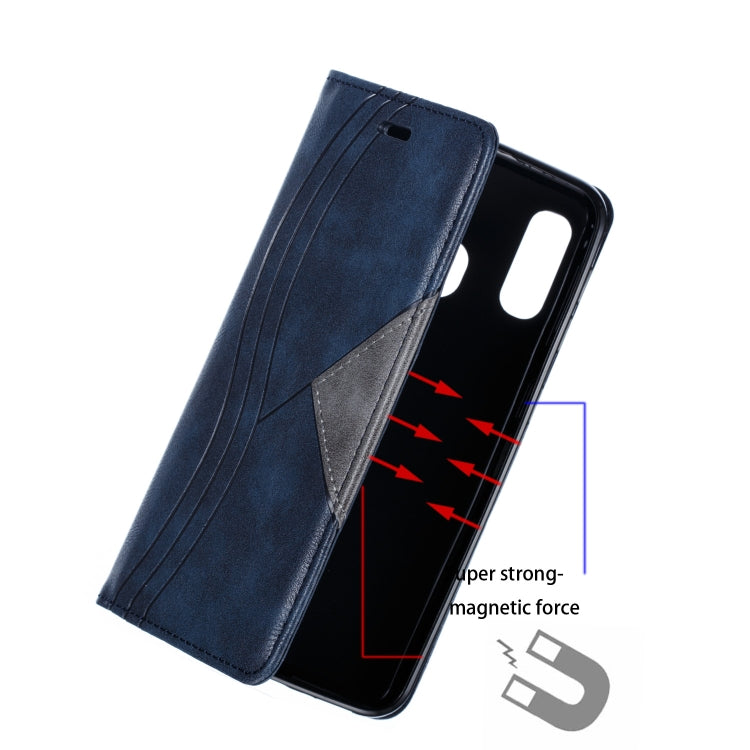 For Galaxy A20e Splicing Color Magnetic Hem Horizontal Flip Leather Case with Holder & Card Slots