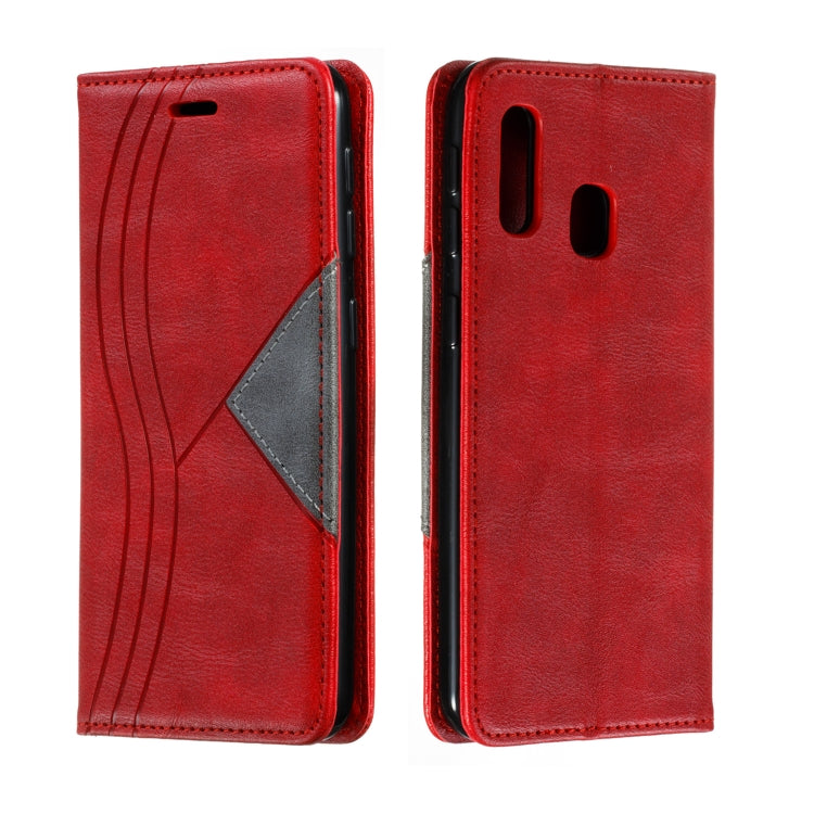 For Galaxy A20e Splicing Color Magnetic Hem Horizontal Flip Leather Case with Holder & Card Slots
