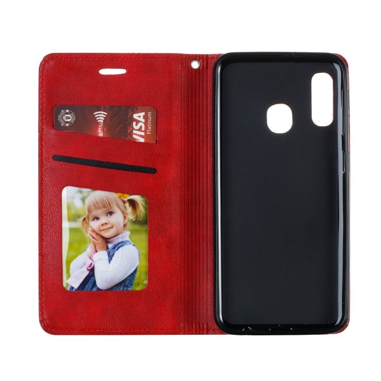 For Galaxy A20e Splicing Color Magnetic Hem Horizontal Flip Leather Case with Holder & Card Slots