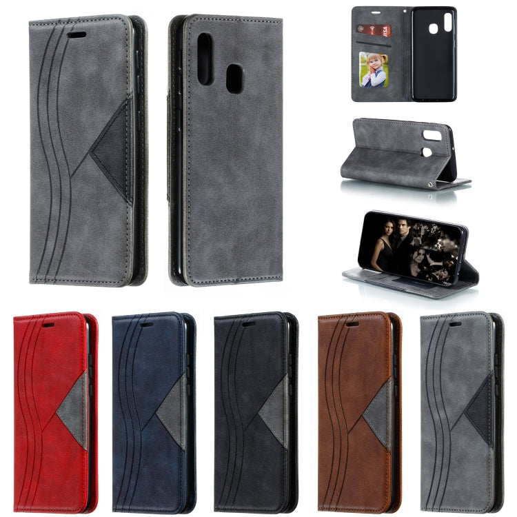 For Galaxy A20e Splicing Color Magnetic Hem Horizontal Flip Leather Case with Holder & Card Slots
