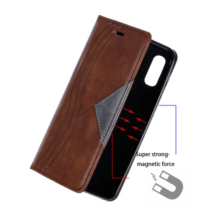 For Galaxy A20e Splicing Color Magnetic Hem Horizontal Flip Leather Case with Holder & Card Slots