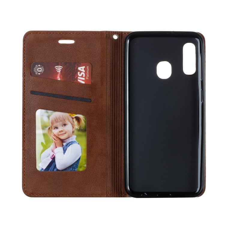 For Galaxy A20e Splicing Color Magnetic Hem Horizontal Flip Leather Case with Holder & Card Slots