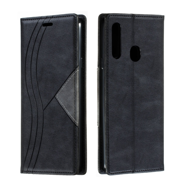 For Galaxy A20s Splicing Color Magnetic Hem Horizontal Flip Leather Case with Holder & Card Slots
