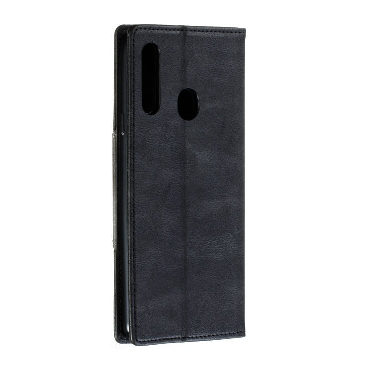 For Galaxy A20s Splicing Color Magnetic Hem Horizontal Flip Leather Case with Holder & Card Slots