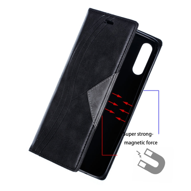 For Galaxy A20s Splicing Color Magnetic Hem Horizontal Flip Leather Case with Holder & Card Slots