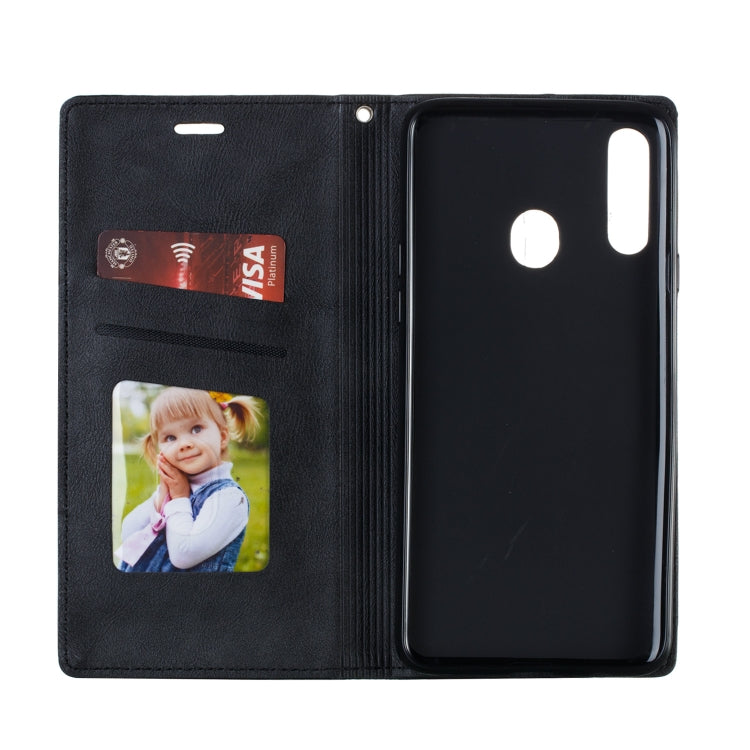 For Galaxy A20s Splicing Color Magnetic Hem Horizontal Flip Leather Case with Holder & Card Slots