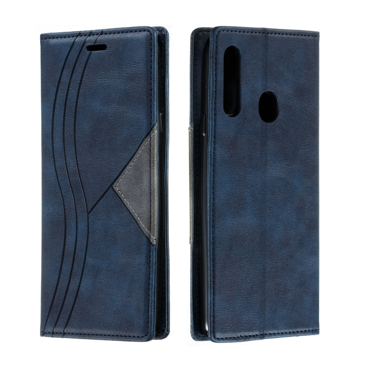 For Galaxy A20s Splicing Color Magnetic Hem Horizontal Flip Leather Case with Holder & Card Slots
