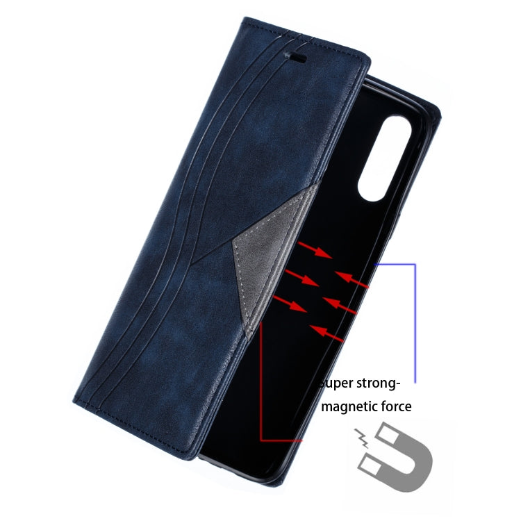 For Galaxy A20s Splicing Color Magnetic Hem Horizontal Flip Leather Case with Holder & Card Slots