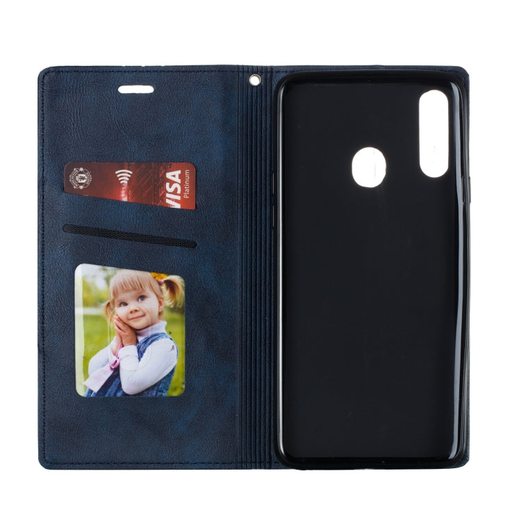 For Galaxy A20s Splicing Color Magnetic Hem Horizontal Flip Leather Case with Holder & Card Slots