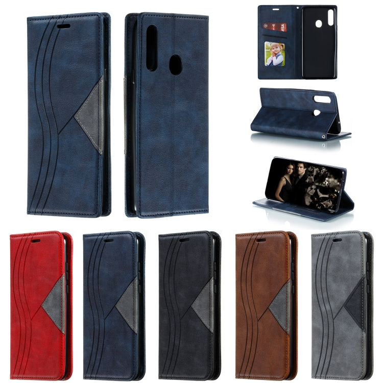 For Galaxy A20s Splicing Color Magnetic Hem Horizontal Flip Leather Case with Holder & Card Slots