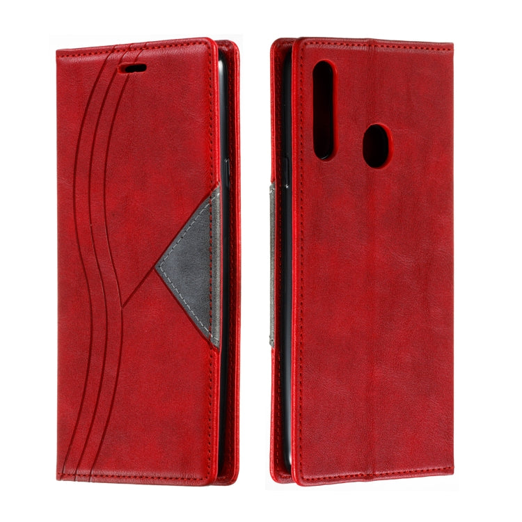 For Galaxy A20s Splicing Color Magnetic Hem Horizontal Flip Leather Case with Holder & Card Slots
