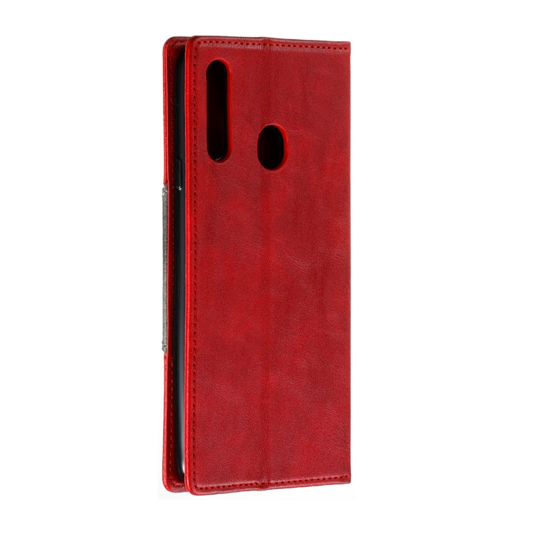 For Galaxy A20s Splicing Color Magnetic Hem Horizontal Flip Leather Case with Holder & Card Slots
