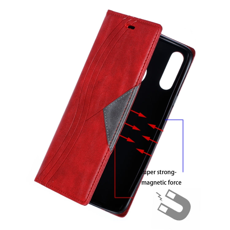 For Galaxy A20s Splicing Color Magnetic Hem Horizontal Flip Leather Case with Holder & Card Slots