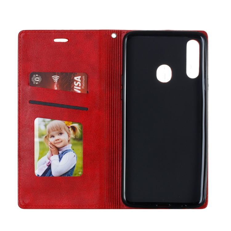 For Galaxy A20s Splicing Color Magnetic Hem Horizontal Flip Leather Case with Holder & Card Slots