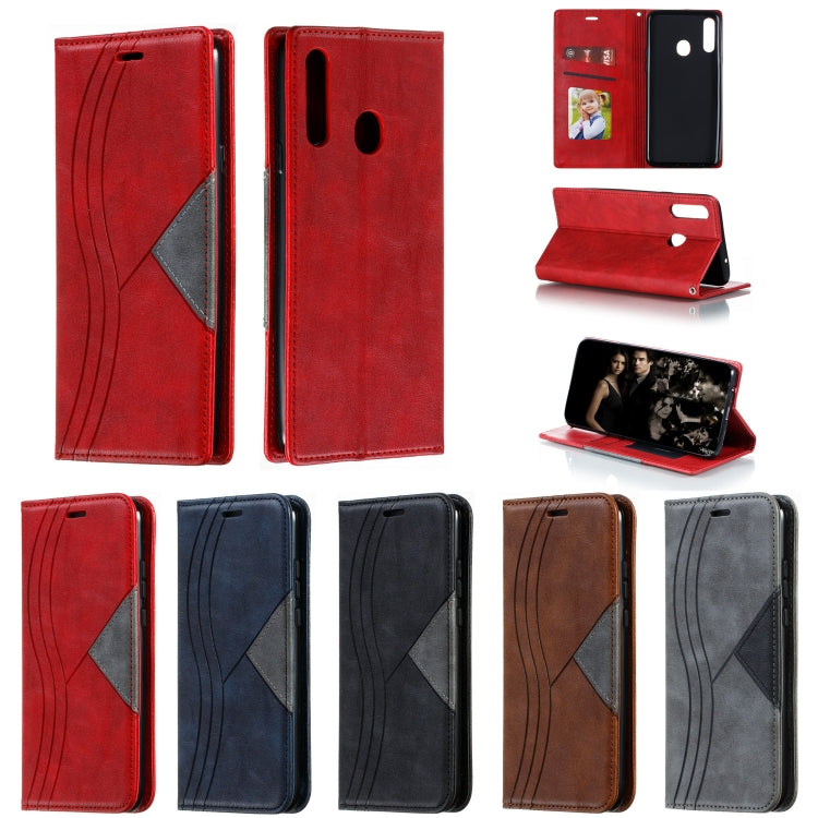 For Galaxy A20s Splicing Color Magnetic Hem Horizontal Flip Leather Case with Holder & Card Slots