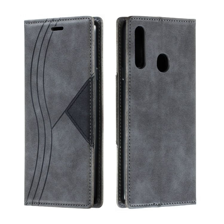 For Galaxy A20s Splicing Color Magnetic Hem Horizontal Flip Leather Case with Holder & Card Slots