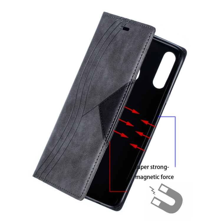 For Galaxy A20s Splicing Color Magnetic Hem Horizontal Flip Leather Case with Holder & Card Slots