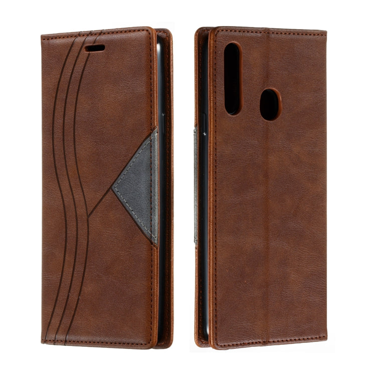 For Galaxy A20s Splicing Color Magnetic Hem Horizontal Flip Leather Case with Holder & Card Slots