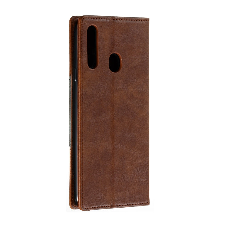 For Galaxy A20s Splicing Color Magnetic Hem Horizontal Flip Leather Case with Holder & Card Slots
