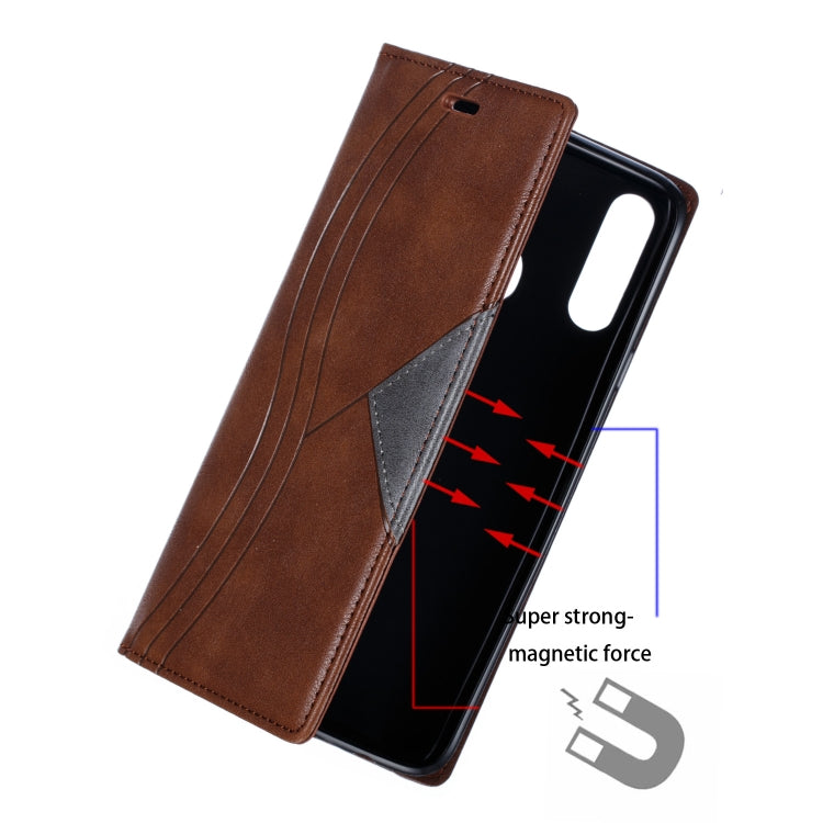 For Galaxy A20s Splicing Color Magnetic Hem Horizontal Flip Leather Case with Holder & Card Slots
