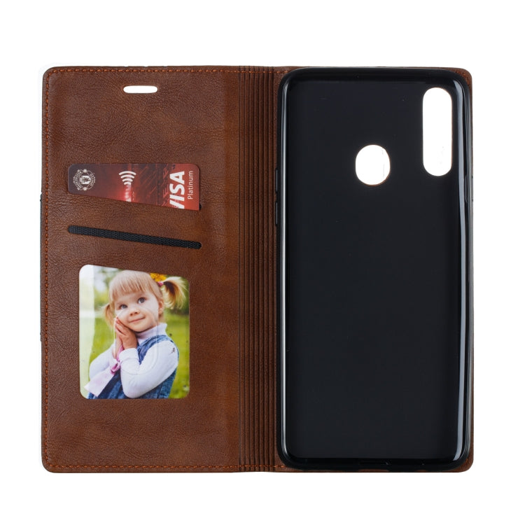 For Galaxy A20s Splicing Color Magnetic Hem Horizontal Flip Leather Case with Holder & Card Slots