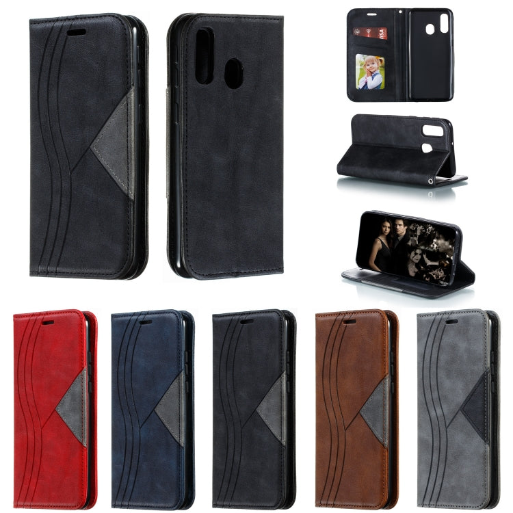 For Galaxy A40 Splicing Color Magnetic Hem Horizontal Flip Leather Case with Holder & Card Slots