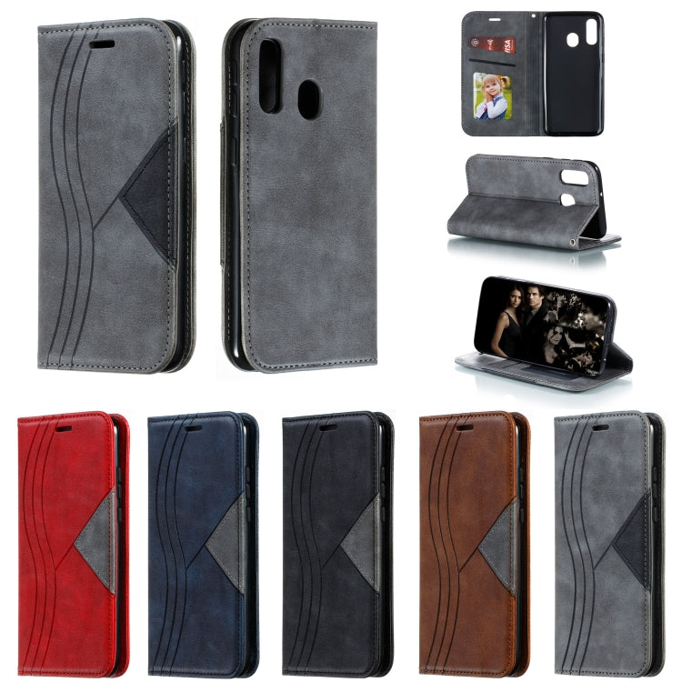 For Galaxy A40 Splicing Color Magnetic Hem Horizontal Flip Leather Case with Holder & Card Slots